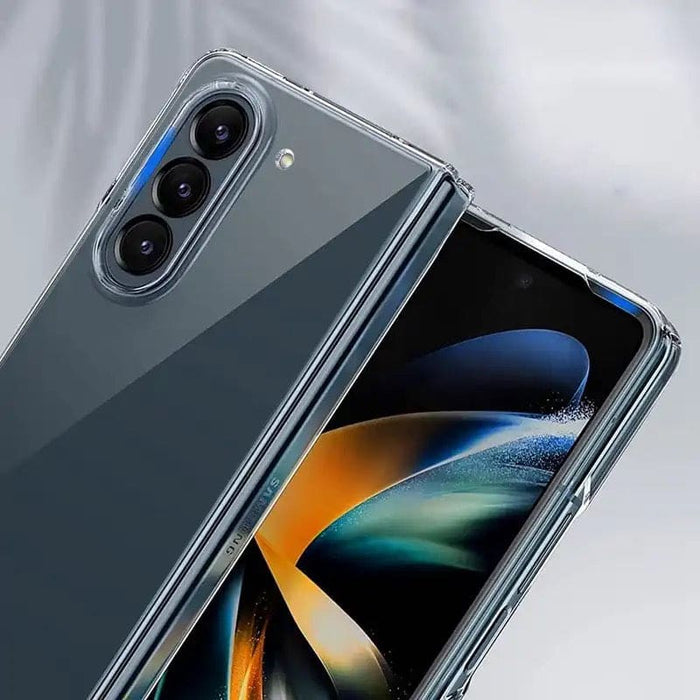 Clear 9eight5 phone case for Samsung Galaxy Z Fold 5, showcasing a sleek, transparent protective cover for the foldable smartphone.