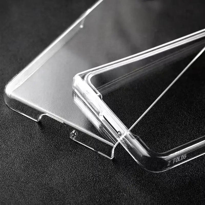 Clear 9eight5 phone case for Samsung Galaxy Z Fold 5, showcasing a slim protective cover with precise cutouts and transparent design.