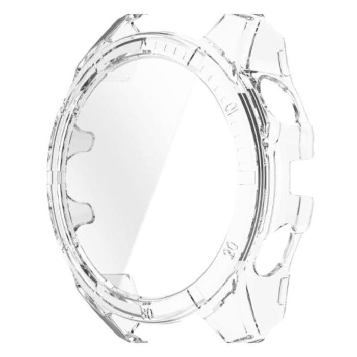 Transparent protective case for Garmin Tactix Charlie watch, made by That Watch Shop, shown on the watch in a clear view.