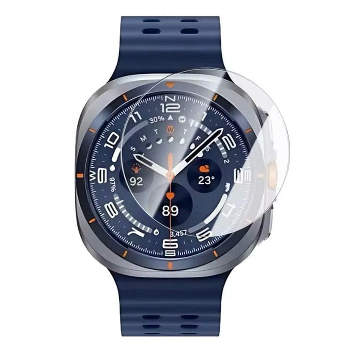 Clear screen protector for Samsung Galaxy Watch 8 Classic smartwatch, shown on blue band watch. Protects and enhances the display.