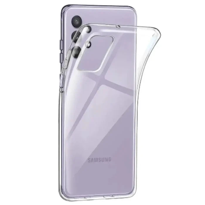 Clear silicone case for Samsung Galaxy A series by 9eight5 from Habicare, showing a transparent protective cover fitting the phone.