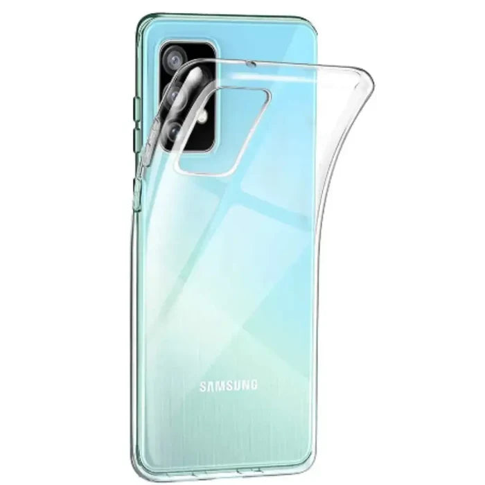 Clear silicone case for Samsung Galaxy A series by 9eight5, providing flexible protection and a transparent design for the phone.