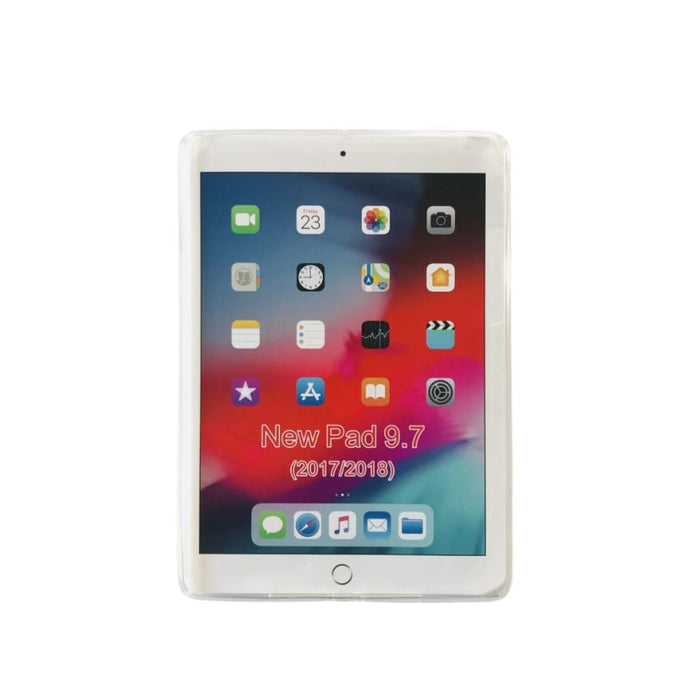 Clear silicone cover for iPad 5th & 6th gen, iPad Air & Air 2 by 9eight5, shown on a 9.7-inch tablet.