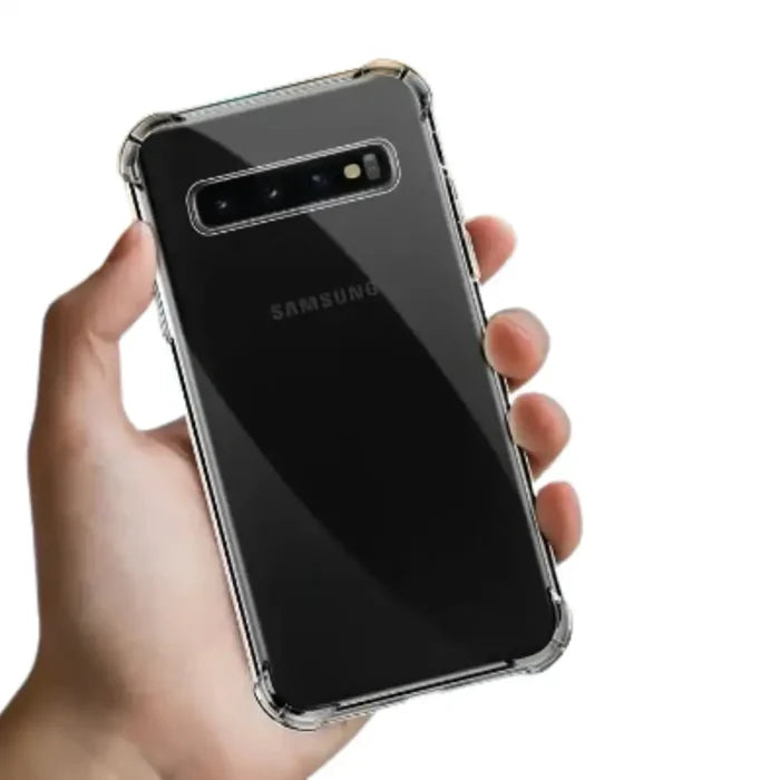 Clear silicone shockproof case for Samsung Galaxy S and Note series by Habicare, showing the transparent, flexible phone protection.