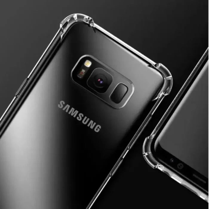 Clear silicone shockproof case for Samsung Galaxy S and Note series by Habicare, showing a transparent protective phone cover.