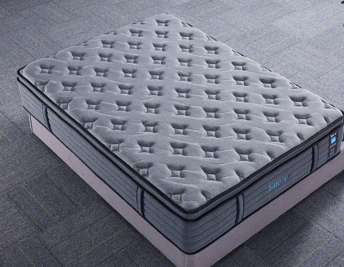 Sue-e Furniture Comfortably 7 Zones Pocket Spring Mattress with plush fabric cover and detailed stitching.