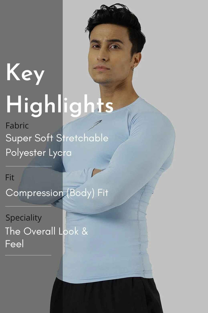 Fuaark Nz compression full-sleeves T-shirt in Glacial Blue, made of stretchy fabric for athletic performance and comfort.