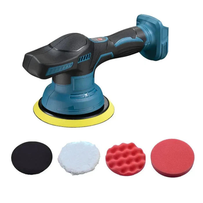 Habicare cordless car polisher 18–21V with 8-speed settings, shown with ergonomic grip and polishing pad attachment.