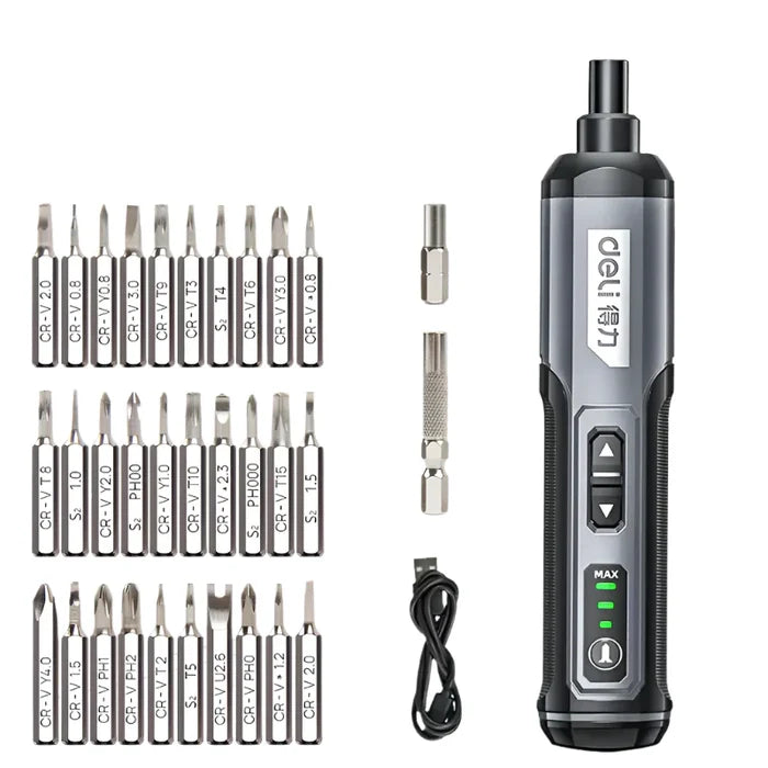Habicare HBC cordless electric screwdriver set with five versatile screwdriver bits, compact tool for home and DIY projects.
