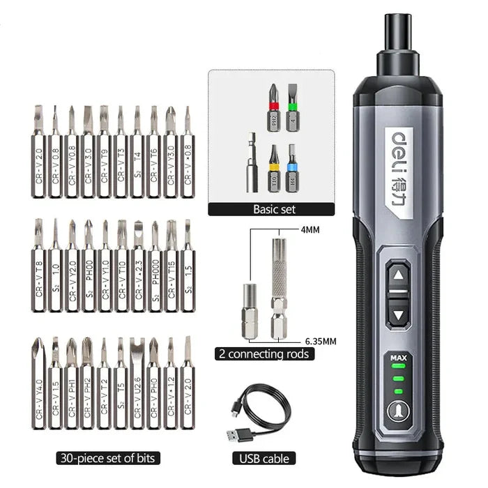 Habicare HBC cordless electric screwdriver set with five interchangeable bits, compact and lightweight for home and DIY projects.