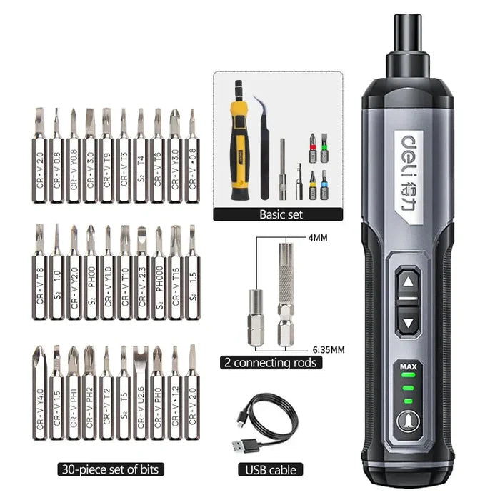 Habicare HBC cordless electric screwdriver set with five interchangeable screwdriver bits and ergonomic handle for versatile use.