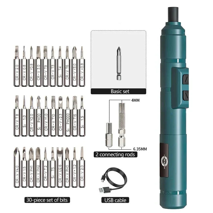 Habicare HBC cordless electric screwdriver set with five different sets, featuring compact design and versatile screwdriver bits.