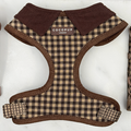 Cotswold Check adjustable dog harness with corduroy collar and COCOPUP LONDON label on the front.