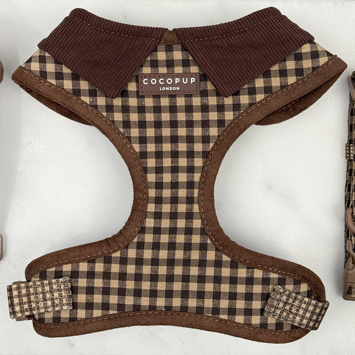 Cotswold Check adjustable dog harness with corduroy collar and COCOPUP LONDON label on the front.