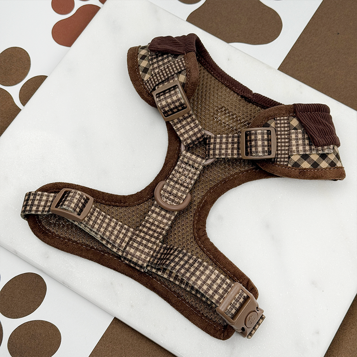 Cocopup London Cotswold Check adjustable harness with mesh, brown and white check pattern, straps, and buckles.
