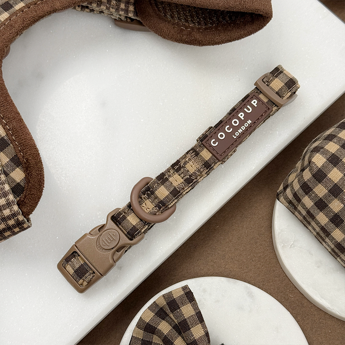 Brown and beige check pattern adjustable dog collar with metal buckle by Cocopup London.