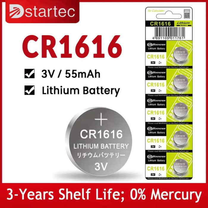 Five-pack of CR1616 and DL1616 lithium watch batteries for Koonenda watches, shown in a clear image.