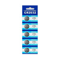 Five CR2032 lithium watch batteries by That Watch Shop, compact and round, suitable for powering wristwatches.