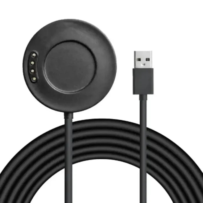 Red Habicare cradle charger for Amazfit Huami A1928 and Stratos 3 TWS smartwatch, shown with the charging dock and compatible device.