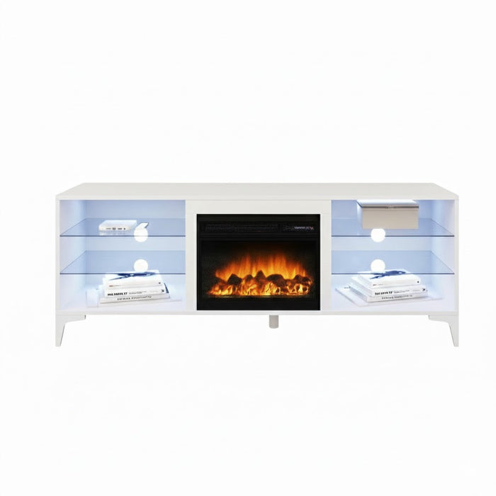 White Dante RGB LED TV unit with electric fireplace, modern entertainment center featuring colorful lighting and sleek design.