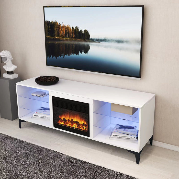 Sue-e Furniture Dante RGB LED TV unit with electric fireplace, modern entertainment center with sleek black finish and integrated lighting.