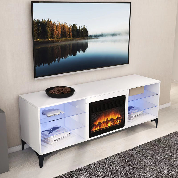 Modern 'Dante' RGB LED TV unit with electric fireplace, sleek entertainment unit by sue-e furniture, showcasing illuminated display and fireplace.