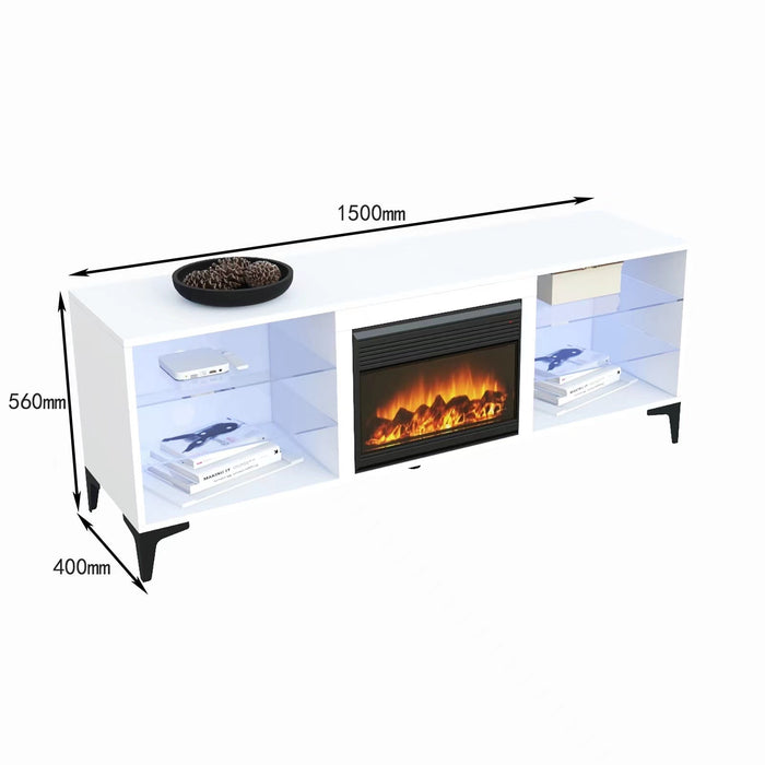 Sue-E Furniture Dante RGB LED lighting TV unit with electric fireplace, modern entertainment unit, sleek design, and integrated lighting.