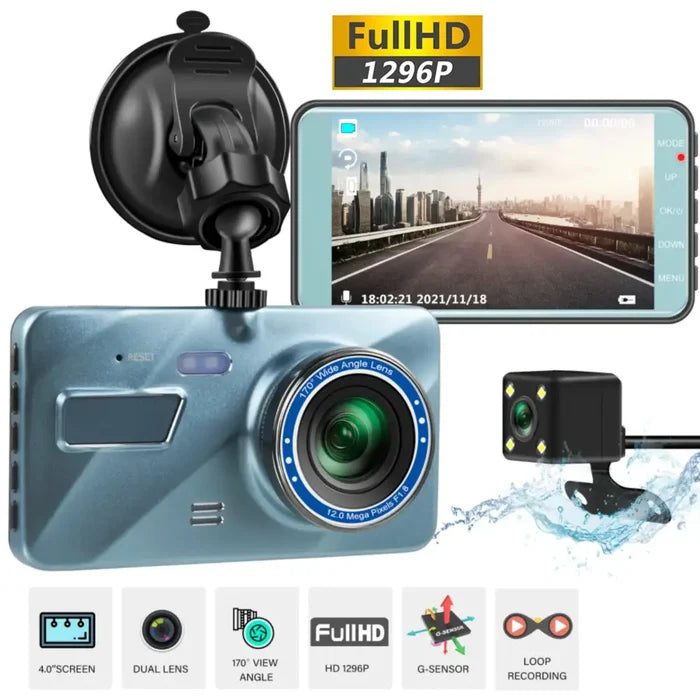 Habicare HBC Full HD dash cam showing front and rear view cameras with video recording in a vehicle.