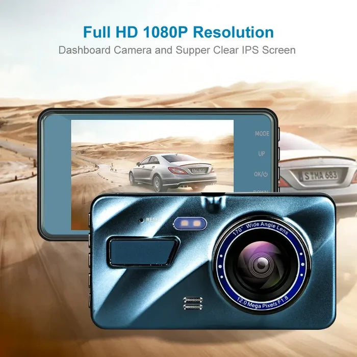 Habicare HBC Full HD dash cam with front and rear video recording, mounted inside a vehicle for secure driving footage.