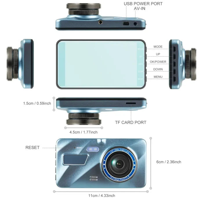 Habicare HBC full HD dash cam with front and rear cameras, car DVR, video recorder, and rear view camera footage.