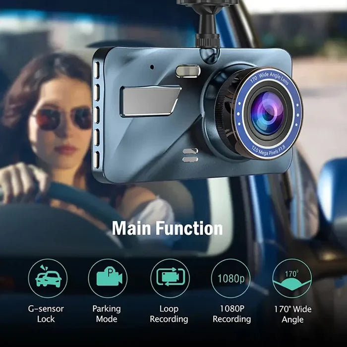Habicare HBC Dash Cam with Full HD 1080p front and rear cameras, car video recorder and rear view camera on vehicle dashboard