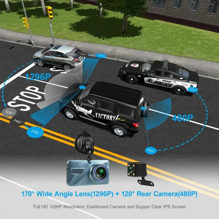 Habicare HBC Dash Cam with Full HD 1080p front and rear view, compact car DVR with video recorder and rear-view camera.
