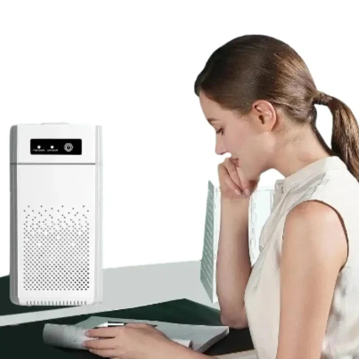 Habicare desktop negative ion air purifier with HEPA filter, compact design, and odor removal for clean indoor air.