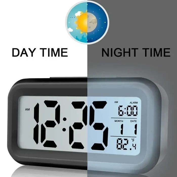 Habicare HBC digital alarm clock with battery power, indoor temperature display, and color-changing backlight in three options.