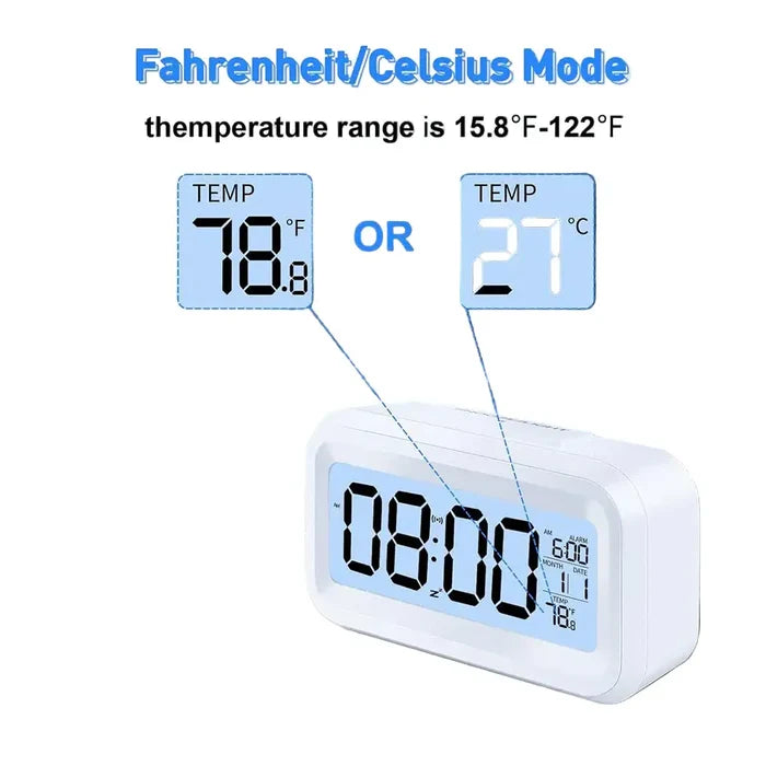 HBC Habicare digital alarm clock with battery operation, indoor temperature display, light sensor, and backlight in three colors