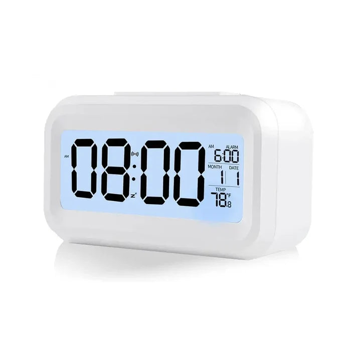 Habicare HBC digital alarm clock with battery operation, indoor temperature display, and backlight in three color options.