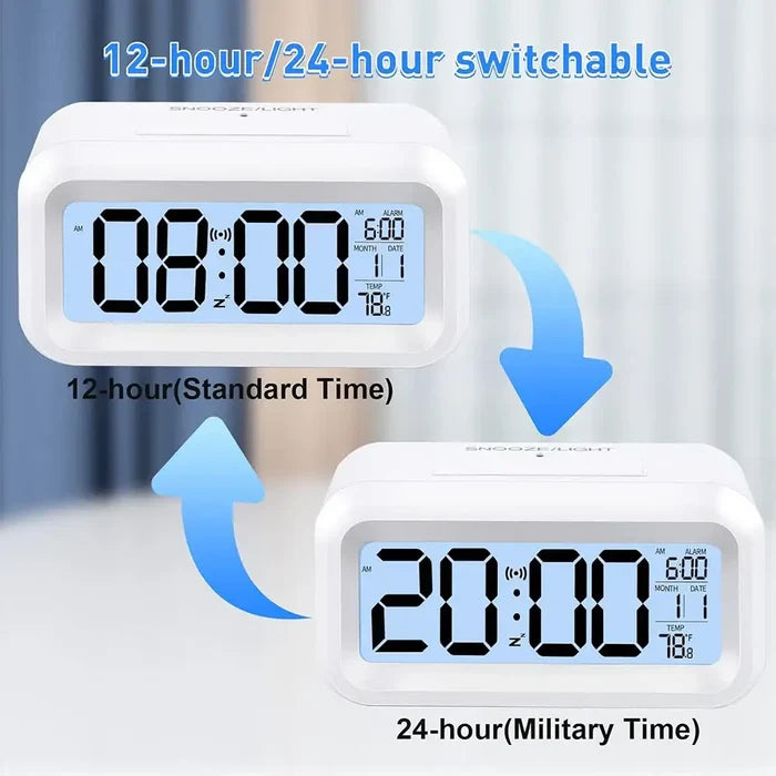 Habicare HBC digital alarm clock with battery power, indoor temperature display, color-changing backlight, and light sensor.