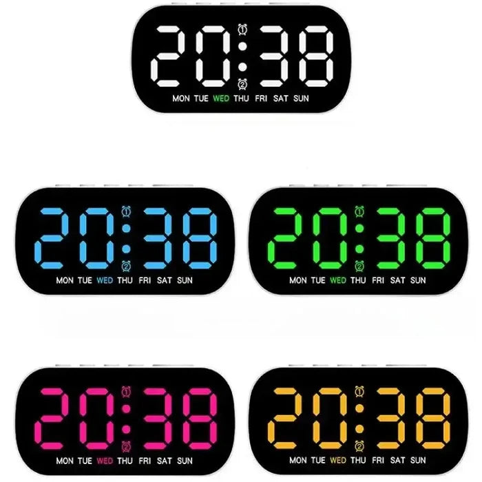 Habicare Digital Alarm Clock with USB-powered LED display in various colors, compact and modern bedside clock.