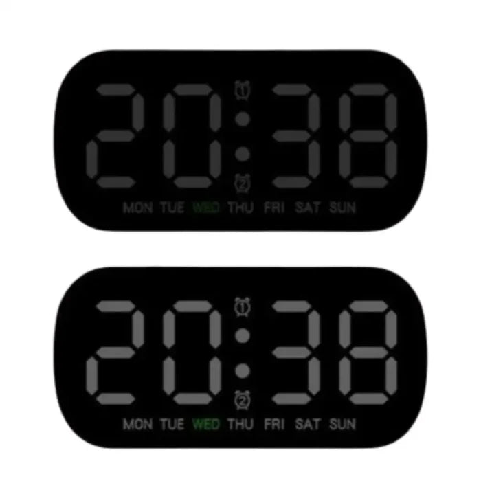 HBC Habicare digital alarm clock with USB-powered LED display in various colors, compact and modern design for bedside use.