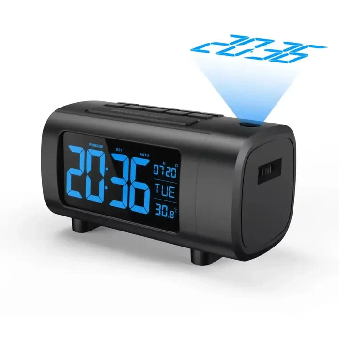 Habicare HBC digital projection alarm clock radio displaying time projection on wall with sleek design