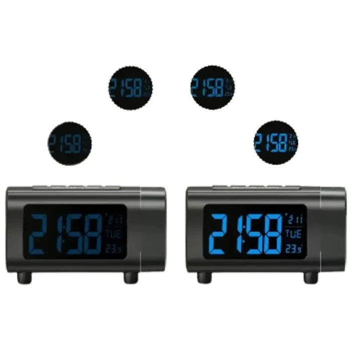 HBC Habicare digital projection alarm clock radio displaying time and projection feature on a bedroom wall.