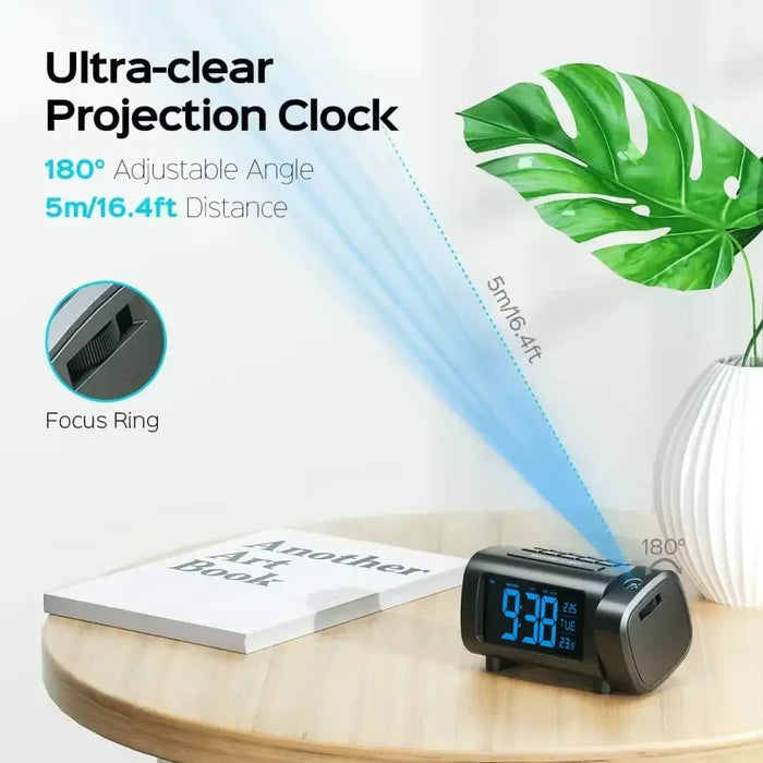 Habicare HBC digital projection alarm clock radio displaying time projection on wall with control buttons and digital display