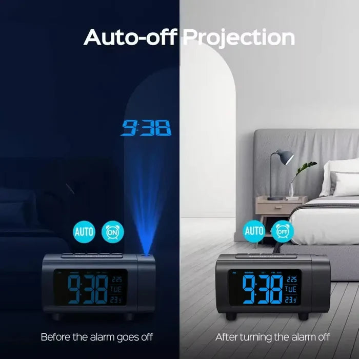 Habicare HBC digital projection alarm clock radio displaying time projection on wall with sleek black design