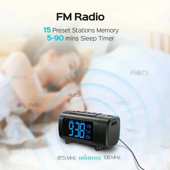 Habicare HBC digital projection alarm clock radio displaying time projection on wall with sleek design