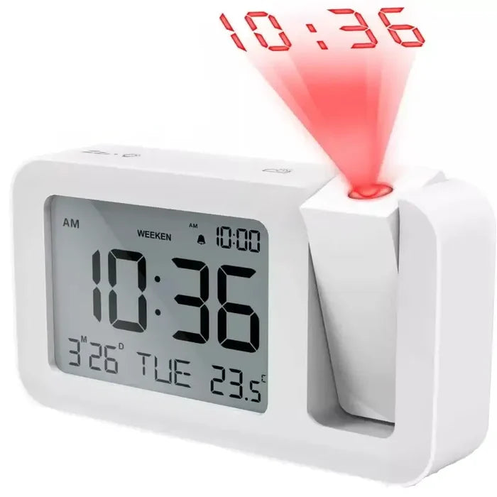 Habicare HBC digital projection alarm clock with rechargeable LED display and USB charger in black and white.