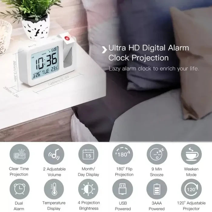 Habicare HBC digital projection alarm clock with rechargeable LED display and USB charger in black and white.