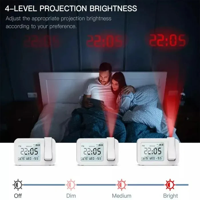 Habicare HBC digital projection alarm clock with rechargeable LED display and USB charger in black and white, showing time projection.