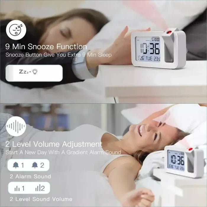 Habicare HBC digital projection alarm clock with rechargeable LED display and USB charger in black and white.