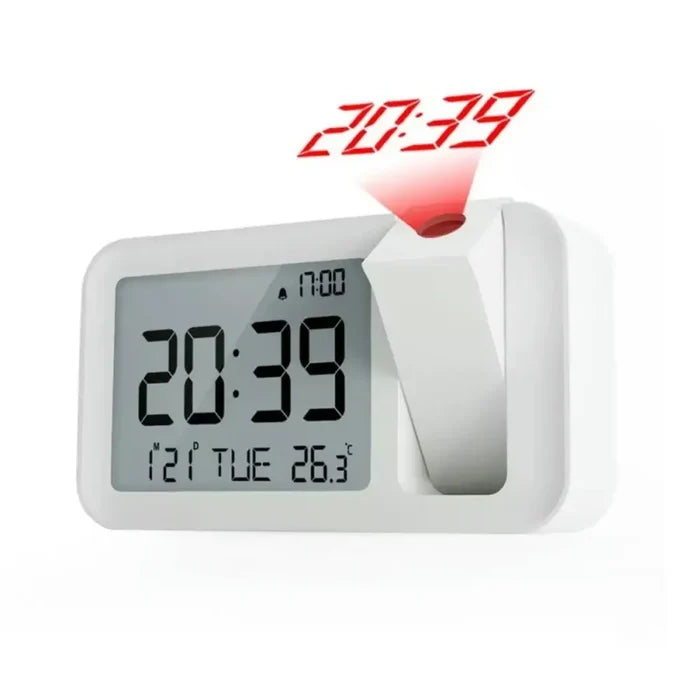 Habicare HBC digital projection alarm clock with rechargeable LED display and USB charger, black and white design.