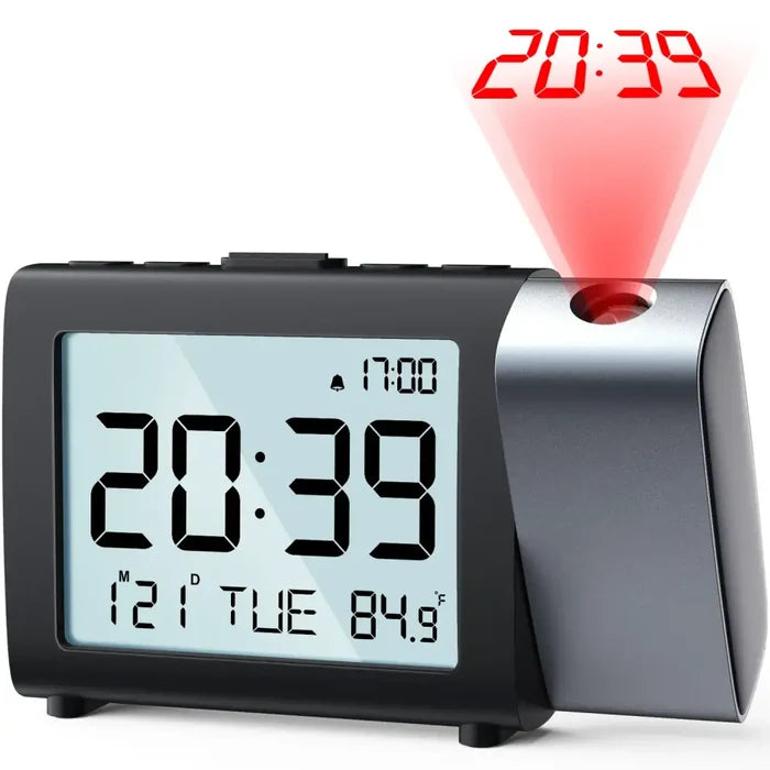 Habicare HBC digital projection alarm clock with rechargeable LED display and USB charger, shown in black and white.